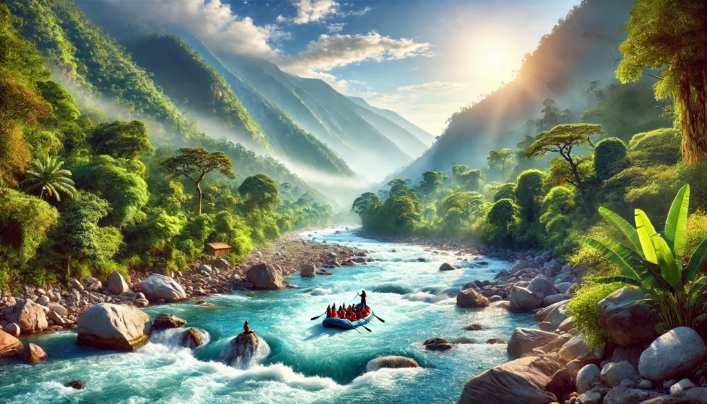 India's Best White Water Rafting Destinations 1 Rafters navigating the rapids of the Ganges River in Rishikesh, surrounded by lush green hills and a bright sky