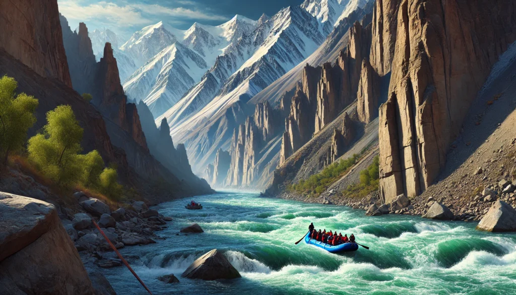 India's Best White Water Rafting Destinations 2 Rafters paddling through the challenging rapids of the Zanskar River in Ladakh, with snow-capped mountains and deep gorges
