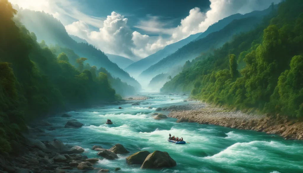 India's Best White Water Rafting Destinations 3 Rafters enjoying the rapids of the Teesta River in Sikkim, flowing through lush green valleys under a bright cloudy sky