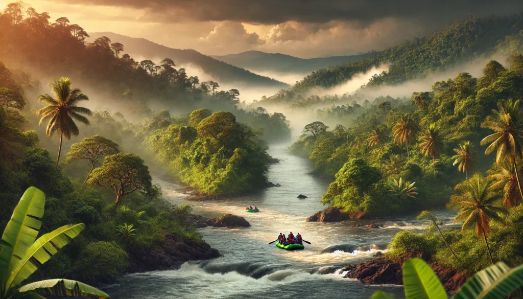 India's Best White Water Rafting Destinations 4 Rafters tackling the strong rapids of the Barapole River in Coorg, surrounded by tropical forests and a misty monsoon sky
