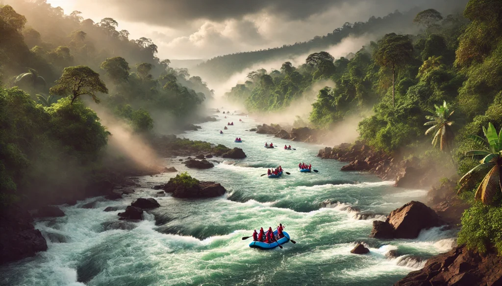 India's Best White Water Rafting Destinations 5 Rafters navigating the mild rapids of the Kundalika River in Maharashtra, flowing through dense forest under an overcast sky