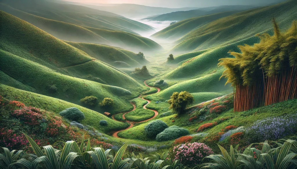 Hidden Gems: Offbeat Trekking Destinations in India 4 Lush green hill trail of the Baikunth-Kalsubai trek in Maharashtra, leading up to the Sahyadri mountain range with views of nearby ancient forts.