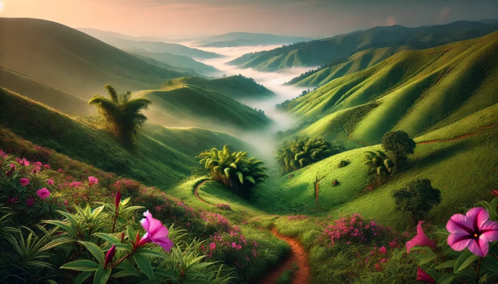 Hidden Gems: Offbeat Trekking Destinations in India 5 Misty green hills and wildflower-covered valley at the Dzukou Valley trek in Nagaland, with a winding trail through bamboo forests.