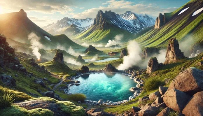DALL·E 2025-01-25 10.45.49 - A serene and picturesque landscape in Iceland featuring a hidden geothermal hot spring surrounded by snow-capped mountains, lush green valleys, and st