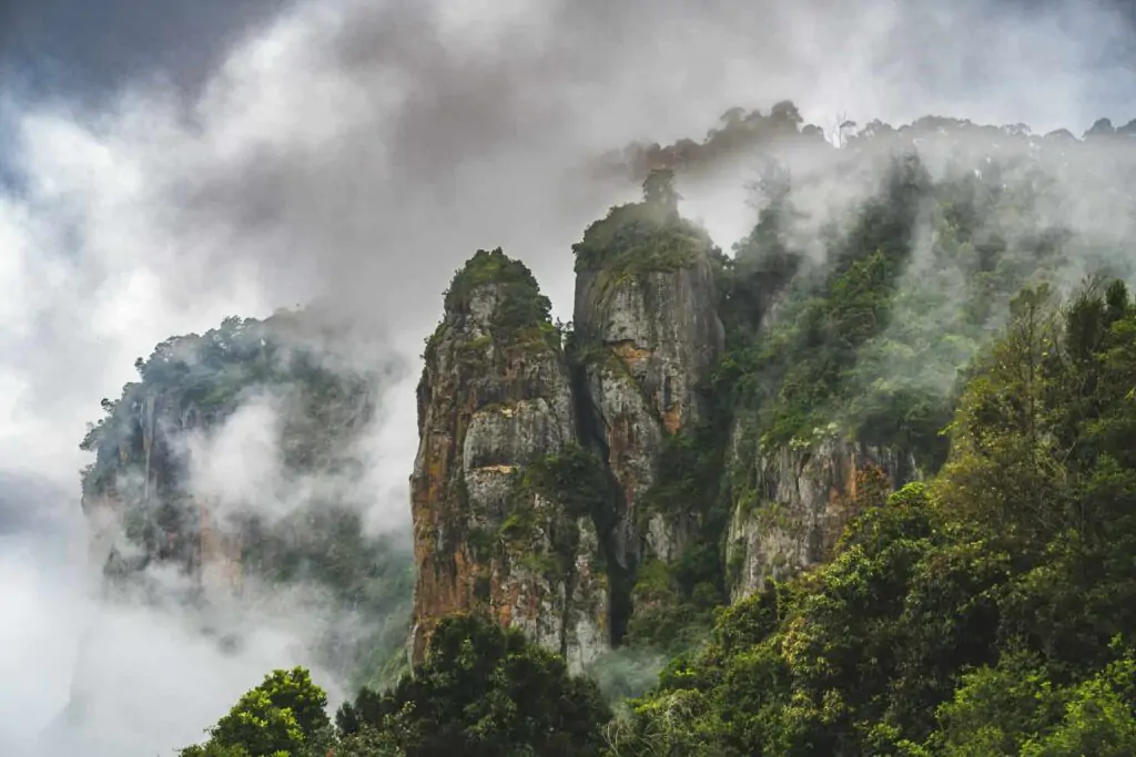 Misty views of Pillar Rocks in Kodaikanal